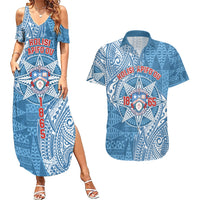 Personalised Tonga Apifo'ou College Couples Matching Summer Maxi Dress and Hawaiian Shirt Since 1865 Special Kupesi Pattern LT9 Blue - Polynesian Pride