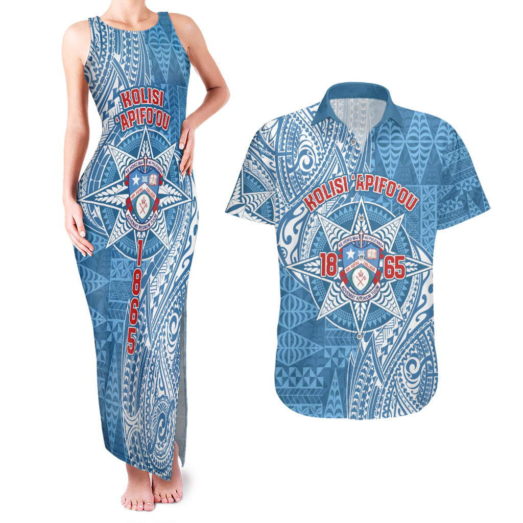 Personalised Tonga Apifo'ou College Couples Matching Tank Maxi Dress and Hawaiian Shirt Since 1865 Special Kupesi Pattern LT9 Blue - Polynesian Pride