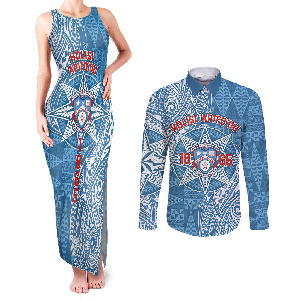 Personalised Tonga Apifo'ou College Couples Matching Tank Maxi Dress and Long Sleeve Button Shirt Since 1865 Special Kupesi Pattern LT9 Blue - Polynesian Pride