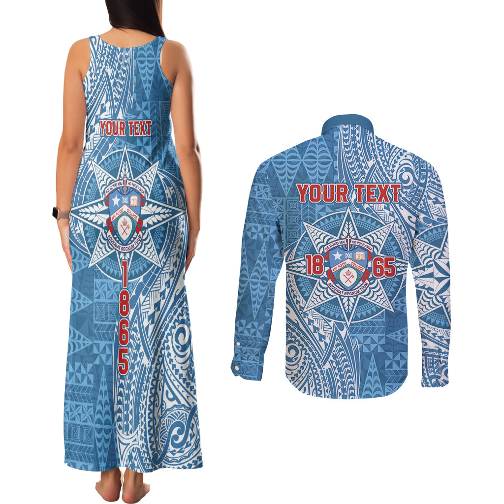 Personalised Tonga Apifo'ou College Couples Matching Tank Maxi Dress and Long Sleeve Button Shirt Since 1865 Special Kupesi Pattern LT9 - Polynesian Pride
