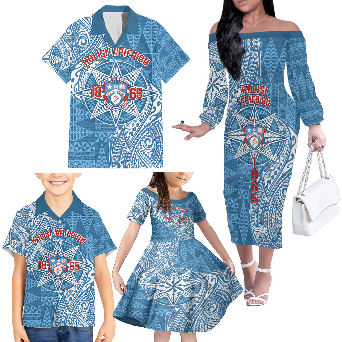 Personalised Tonga Apifo'ou College Family Matching Off The Shoulder Long Sleeve Dress and Hawaiian Shirt Since 1865 Special Kupesi Pattern LT9 - Polynesian Pride