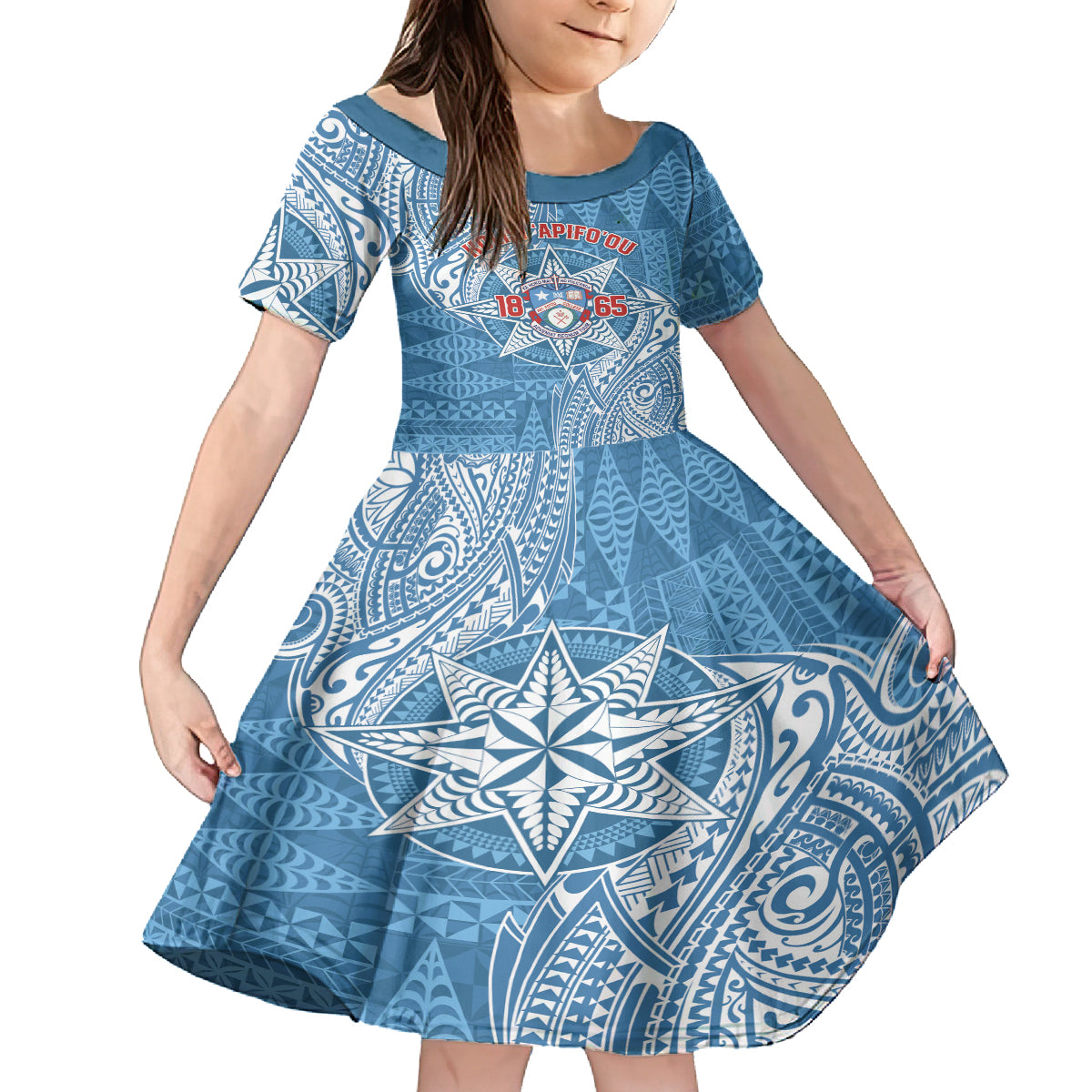 Personalised Tonga Apifo'ou College Family Matching Puletasi and Hawaiian Shirt Since 1865 Special Kupesi Pattern LT9 Daughter's Dress Blue - Polynesian Pride