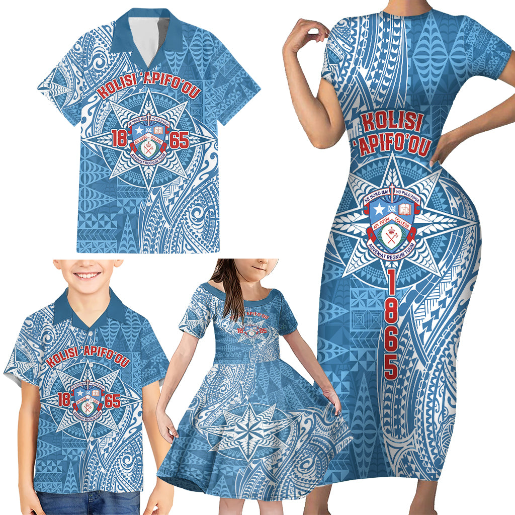 Personalised Tonga Apifo'ou College Family Matching Short Sleeve Bodycon Dress and Hawaiian Shirt Since 1865 Special Kupesi Pattern LT9 - Polynesian Pride