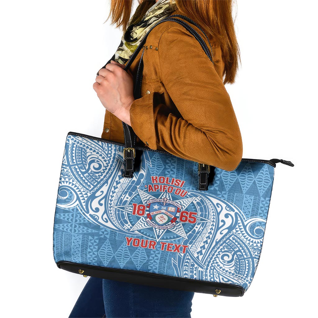 Personalised Tonga Apifo'ou College Leather Tote Bag Since 1865 Special Kupesi Pattern LT9 Blue - Polynesian Pride