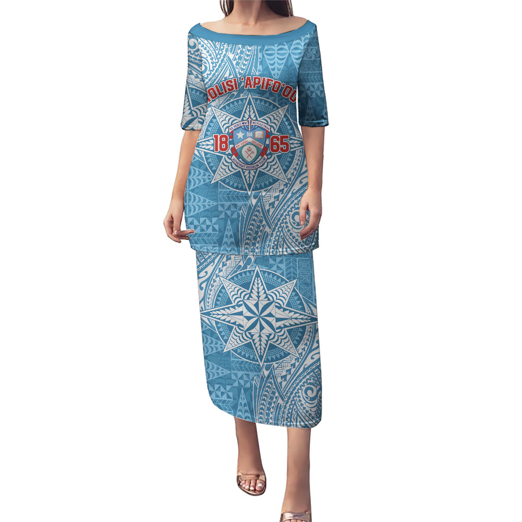 Personalised Tonga Apifo'ou College Puletasi Since 1865 Special Kupesi Pattern LT9 Long Dress Blue - Polynesian Pride