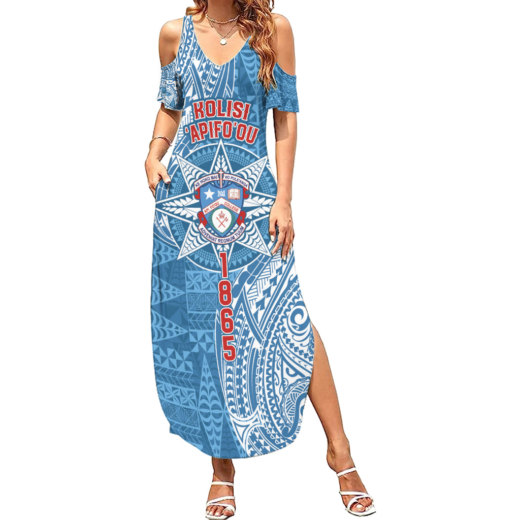 Personalised Tonga Apifo'ou College Summer Maxi Dress Since 1865 Special Kupesi Pattern LT9 Women Blue - Polynesian Pride