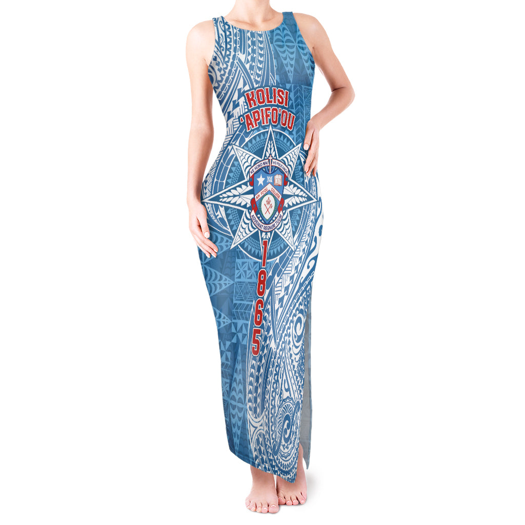 Personalised Tonga Apifo'ou College Tank Maxi Dress Since 1865 Special Kupesi Pattern LT9 Women Blue - Polynesian Pride