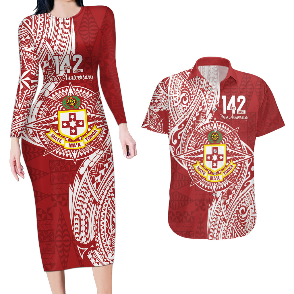 Personalised Kolisi Tonga Atele 142nd Anniversary Couples Matching Long Sleeve Bodycon Dress and Hawaiian Shirt Special Kupesi Pattern LT9 White - Polynesian Pride