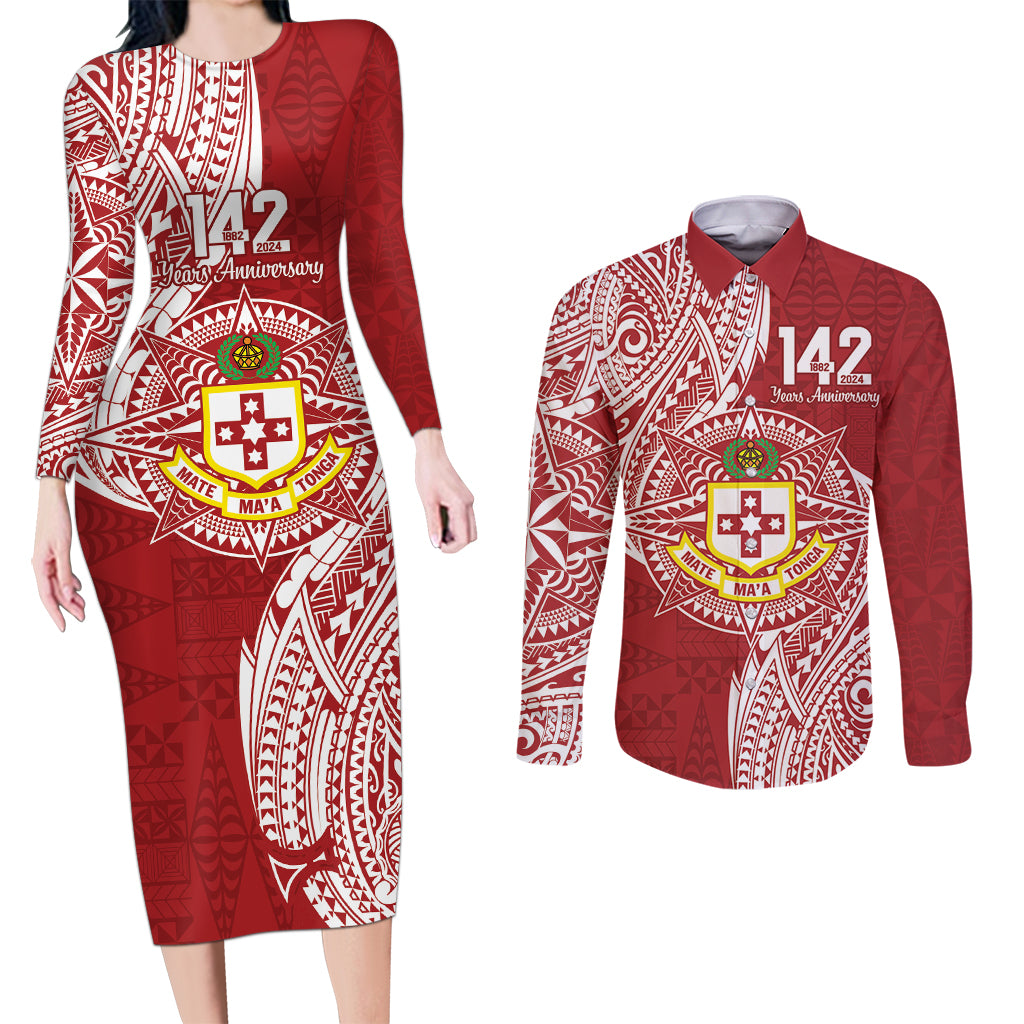 Personalised Kolisi Tonga Atele 142nd Anniversary Couples Matching Long Sleeve Bodycon Dress and Long Sleeve Button Shirt Special Kupesi Pattern LT9 White - Polynesian Pride