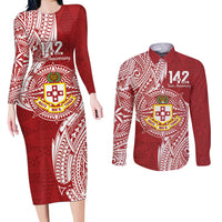 Personalised Kolisi Tonga Atele 142nd Anniversary Couples Matching Long Sleeve Bodycon Dress and Long Sleeve Button Shirt Special Kupesi Pattern LT9 White - Polynesian Pride