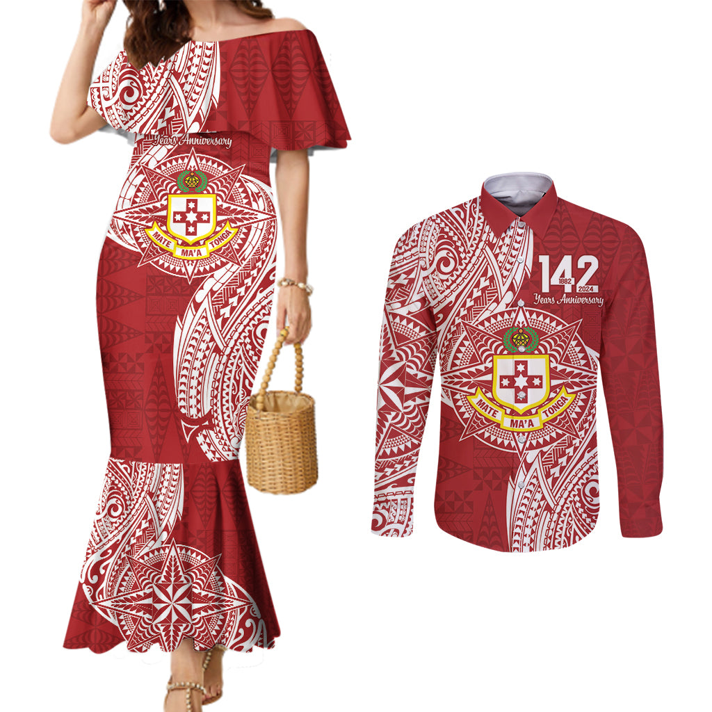 Personalised Kolisi Tonga Atele 142nd Anniversary Couples Matching Mermaid Dress and Long Sleeve Button Shirt Special Kupesi Pattern LT9 White - Polynesian Pride