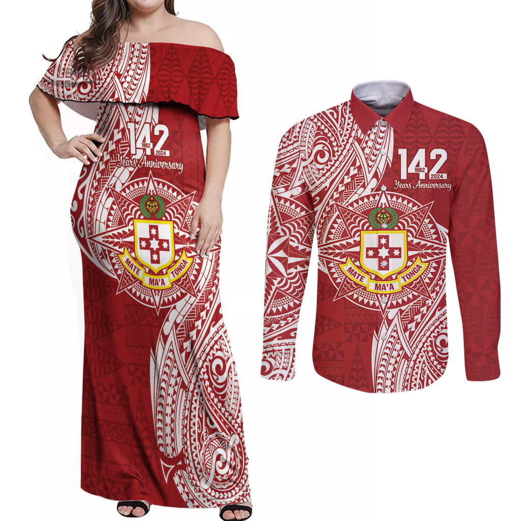 Personalised Kolisi Tonga Atele 142nd Anniversary Couples Matching Off Shoulder Maxi Dress and Long Sleeve Button Shirt Special Kupesi Pattern