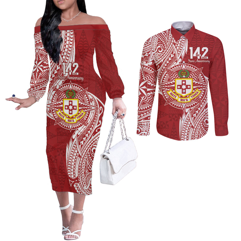 Personalised Kolisi Tonga Atele 142nd Anniversary Couples Matching Off The Shoulder Long Sleeve Dress and Long Sleeve Button Shirt Special Kupesi Pattern LT9 White - Polynesian Pride