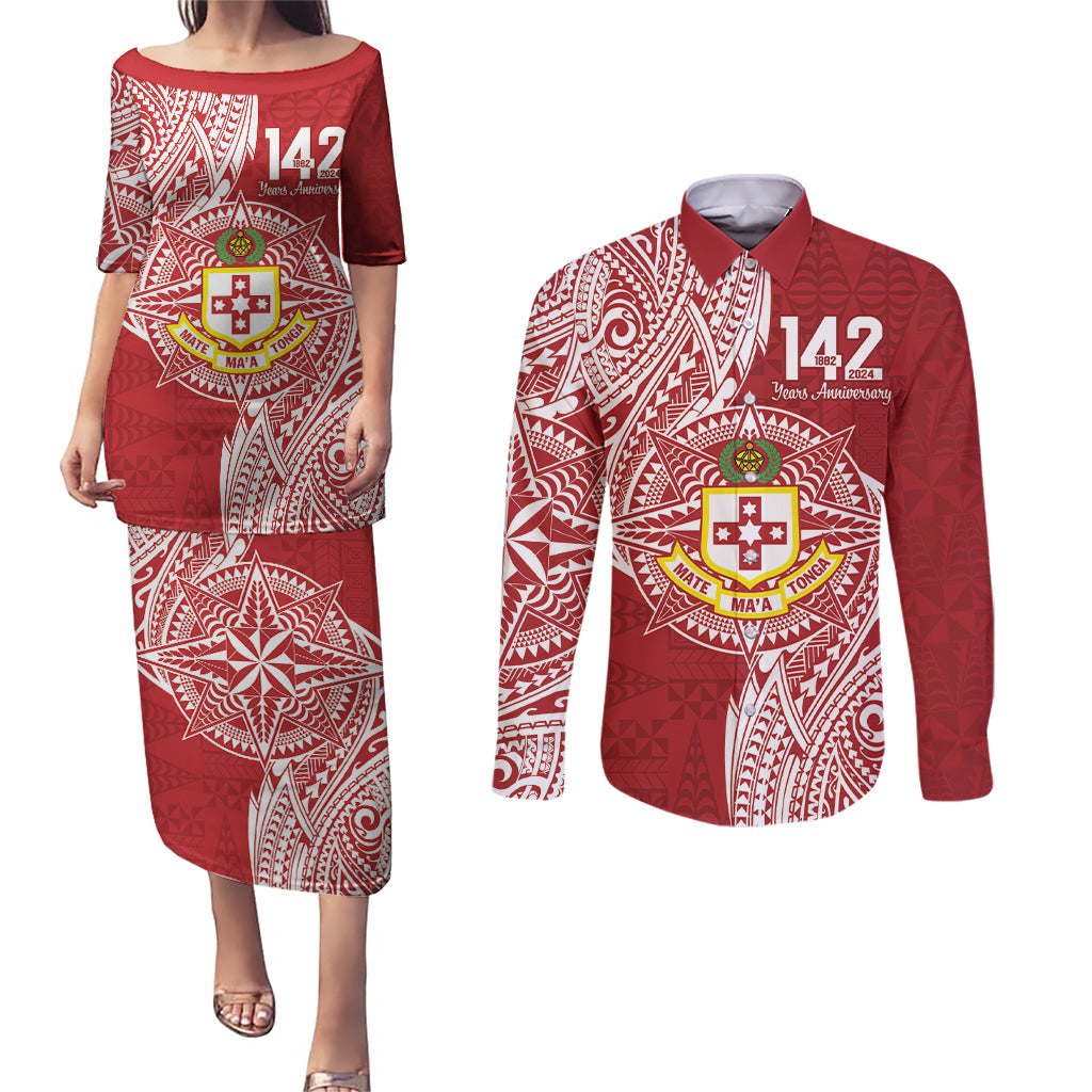 Personalised Kolisi Tonga Atele 142nd Anniversary Couples Matching Puletasi and Long Sleeve Button Shirt Special Kupesi Pattern