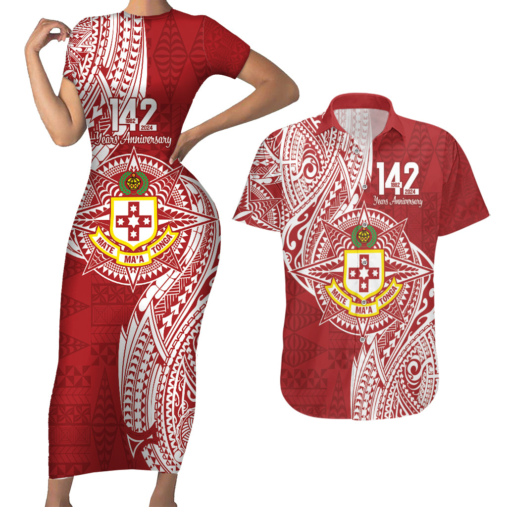 Personalised Kolisi Tonga Atele 142nd Anniversary Couples Matching Short Sleeve Bodycon Dress and Hawaiian Shirt Special Kupesi Pattern LT9 White - Polynesian Pride