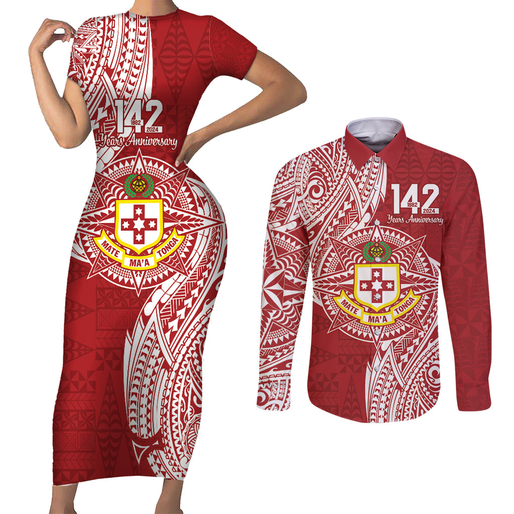 Personalised Kolisi Tonga Atele 142nd Anniversary Couples Matching Short Sleeve Bodycon Dress and Long Sleeve Button Shirt Special Kupesi Pattern LT9 White - Polynesian Pride