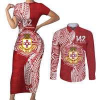 Personalised Kolisi Tonga Atele 142nd Anniversary Couples Matching Short Sleeve Bodycon Dress and Long Sleeve Button Shirt Special Kupesi Pattern LT9 White - Polynesian Pride