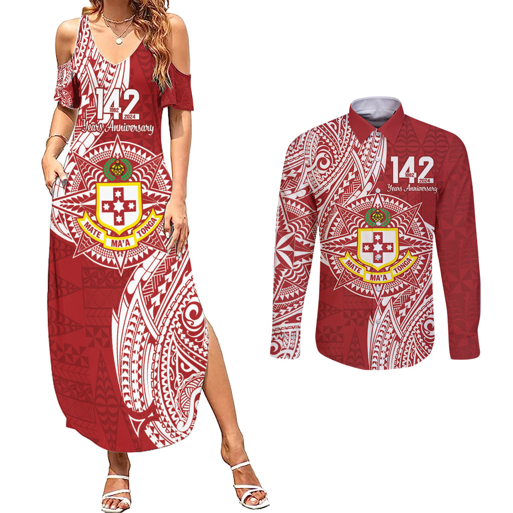 Personalised Kolisi Tonga Atele 142nd Anniversary Couples Matching Summer Maxi Dress and Long Sleeve Button Shirt Special Kupesi Pattern LT9 White - Polynesian Pride