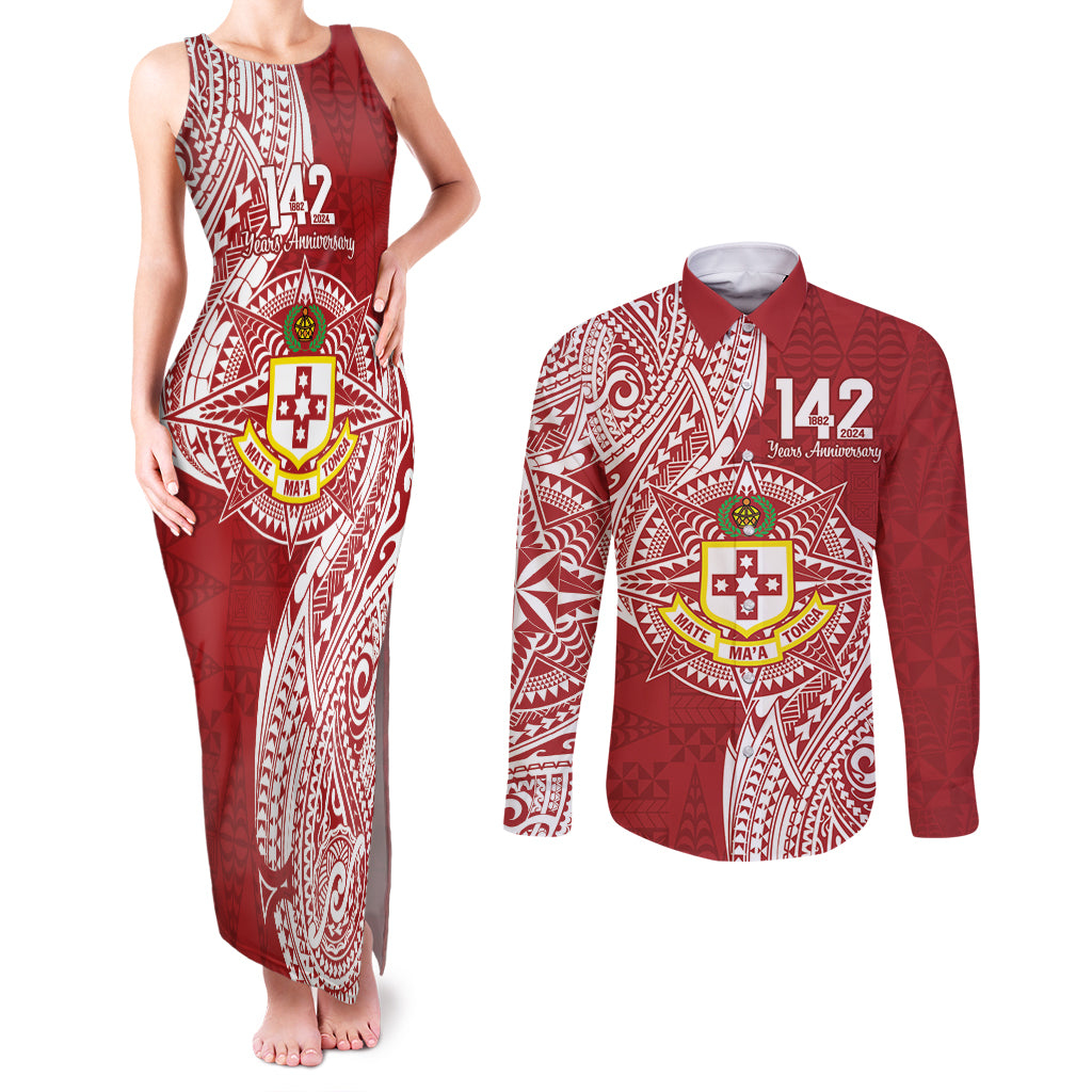 Personalised Kolisi Tonga Atele 142nd Anniversary Couples Matching Tank Maxi Dress and Long Sleeve Button Shirt Special Kupesi Pattern LT9 White - Polynesian Pride
