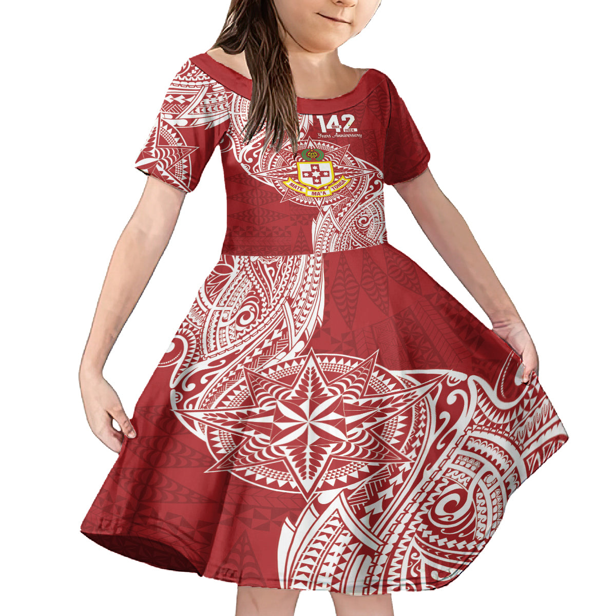 Personalised Kolisi Tonga Atele 142nd Anniversary Family Matching Puletasi and Hawaiian Shirt Special Kupesi Pattern LT9 Daughter's Dress White - Polynesian Pride