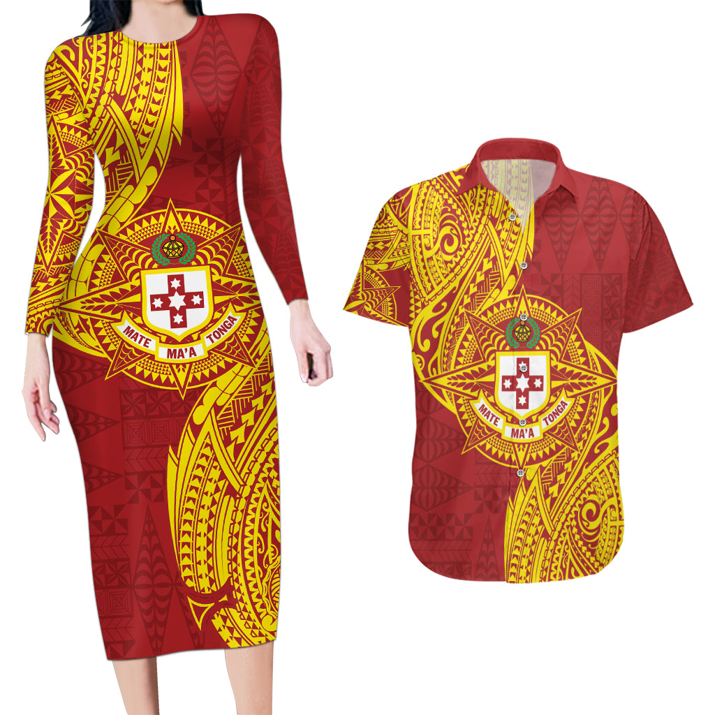 Personalised Kolisi Tonga Atele Couples Matching Long Sleeve Bodycon Dress and Hawaiian Shirt Since 1882 Simple Ngatu Pattern LT9 Gold - Polynesian Pride