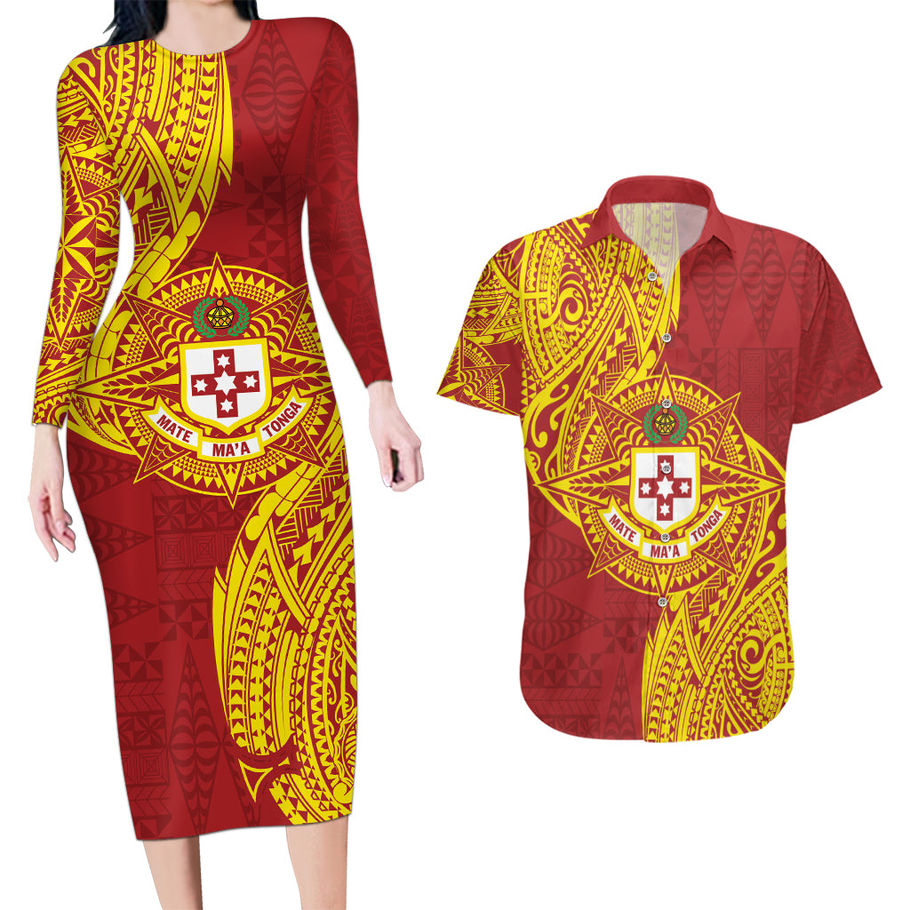 Personalised Kolisi Tonga Atele Couples Matching Long Sleeve Bodycon Dress and Hawaiian Shirt Since 1882 Simple Ngatu Pattern
