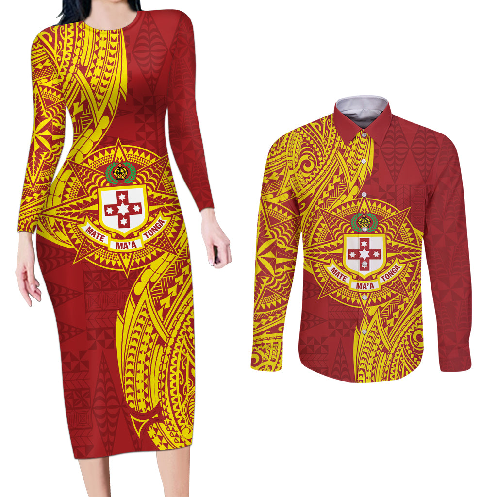 Personalised Kolisi Tonga Atele Couples Matching Long Sleeve Bodycon Dress and Long Sleeve Button Shirt Since 1882 Simple Ngatu Pattern LT9 Gold - Polynesian Pride