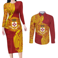 Personalised Kolisi Tonga Atele Couples Matching Long Sleeve Bodycon Dress and Long Sleeve Button Shirt Since 1882 Simple Ngatu Pattern LT9 Gold - Polynesian Pride