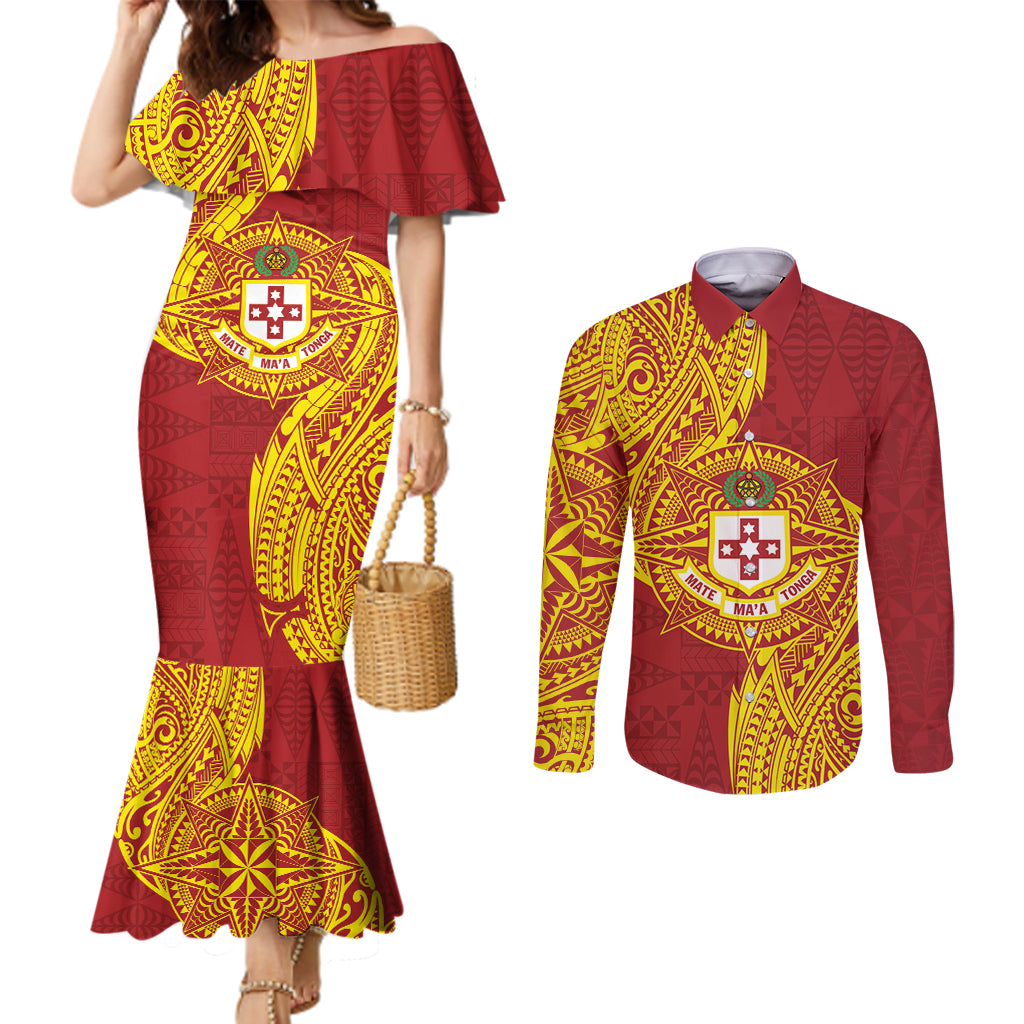 Personalised Kolisi Tonga Atele Couples Matching Mermaid Dress and Long Sleeve Button Shirt Since 1882 Simple Ngatu Pattern LT9 Gold - Polynesian Pride