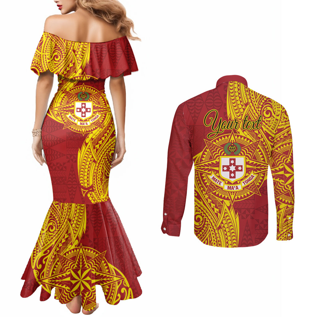 Personalised Kolisi Tonga Atele Couples Matching Mermaid Dress and Long Sleeve Button Shirt Since 1882 Simple Ngatu Pattern LT9 - Polynesian Pride