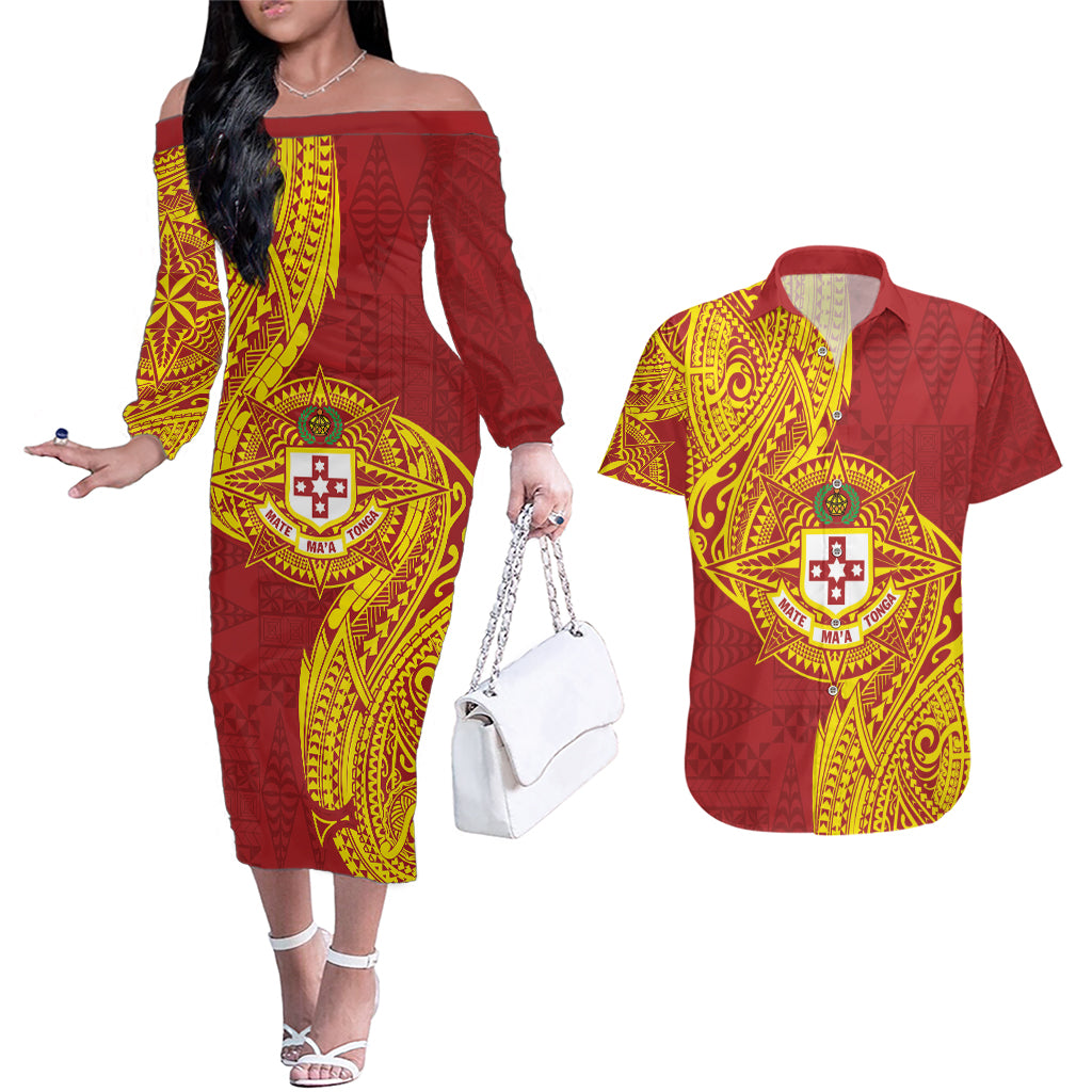 Personalised Kolisi Tonga Atele Couples Matching Off The Shoulder Long Sleeve Dress and Hawaiian Shirt Since 1882 Simple Ngatu Pattern LT9 Gold - Polynesian Pride