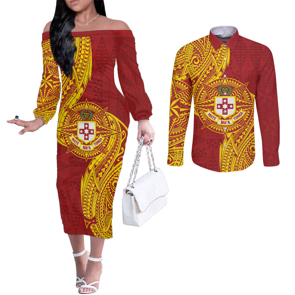Personalised Kolisi Tonga Atele Couples Matching Off The Shoulder Long Sleeve Dress and Long Sleeve Button Shirt Since 1882 Simple Ngatu Pattern LT9 Gold - Polynesian Pride