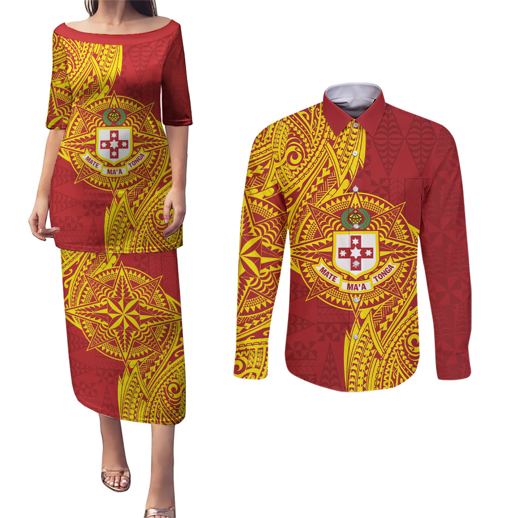 Personalised Kolisi Tonga Atele Couples Matching Puletasi and Long Sleeve Button Shirt Since 1882 Simple Ngatu Pattern LT9 Gold - Polynesian Pride