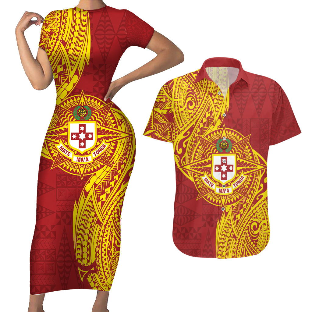Personalised Kolisi Tonga Atele Couples Matching Short Sleeve Bodycon Dress and Hawaiian Shirt Since 1882 Simple Ngatu Pattern LT9 Gold - Polynesian Pride