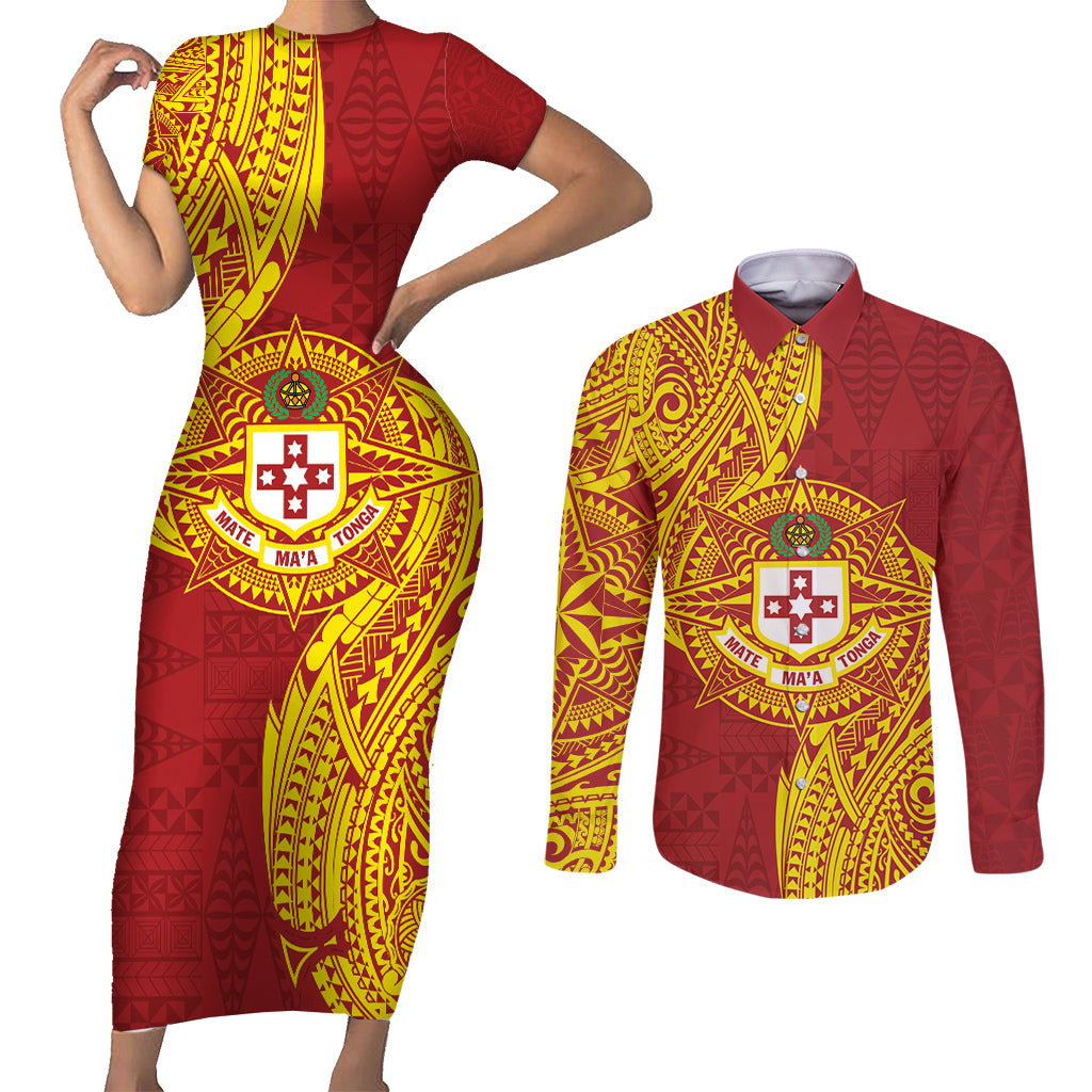 Personalised Kolisi Tonga Atele Couples Matching Short Sleeve Bodycon Dress and Long Sleeve Button Shirt Since 1882 Simple Ngatu Pattern LT9 Gold - Polynesian Pride