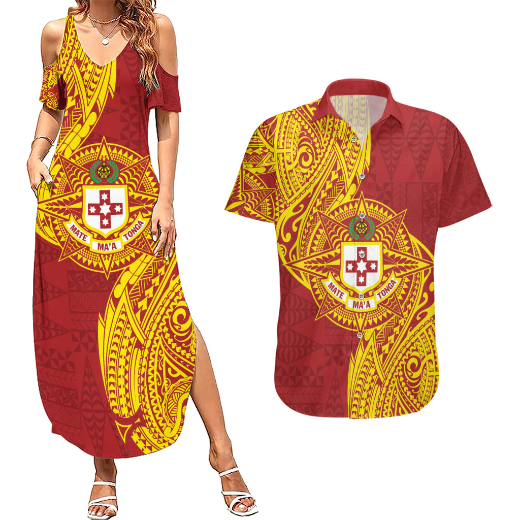 Personalised Kolisi Tonga Atele Couples Matching Summer Maxi Dress and Hawaiian Shirt Since 1882 Simple Ngatu Pattern LT9 Gold - Polynesian Pride