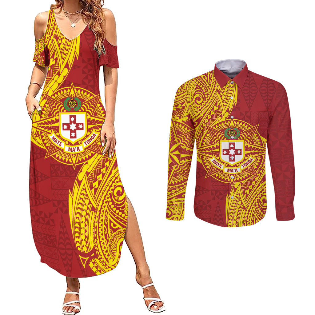 Personalised Kolisi Tonga Atele Couples Matching Summer Maxi Dress and Long Sleeve Button Shirt Since 1882 Simple Ngatu Pattern LT9 Gold - Polynesian Pride