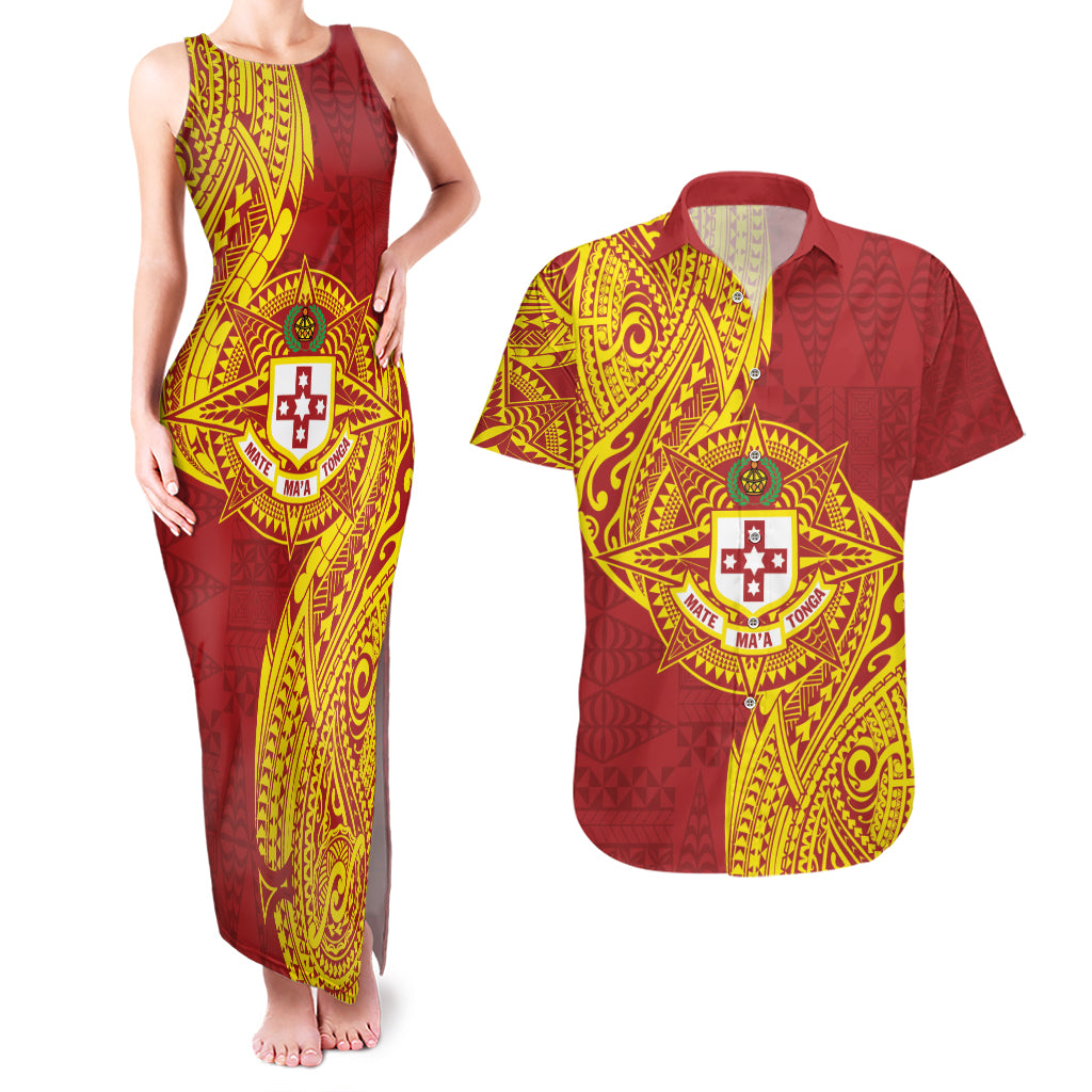 Personalised Kolisi Tonga Atele Couples Matching Tank Maxi Dress and Hawaiian Shirt Since 1882 Simple Ngatu Pattern LT9 Gold - Polynesian Pride