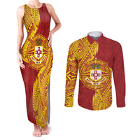 Personalised Kolisi Tonga Atele Couples Matching Tank Maxi Dress and Long Sleeve Button Shirt Since 1882 Simple Ngatu Pattern LT9 Gold - Polynesian Pride