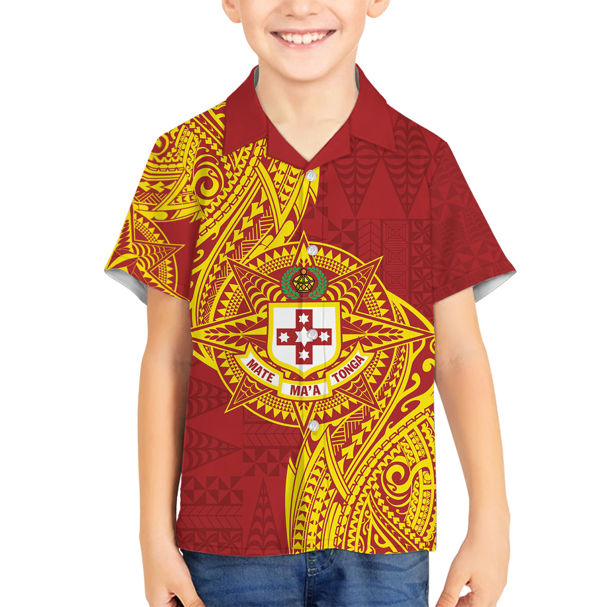 Personalised Kolisi Tonga Atele Family Matching Puletasi and Hawaiian Shirt Since 1882 Simple Ngatu Pattern LT9 Son's Shirt Gold - Polynesian Pride