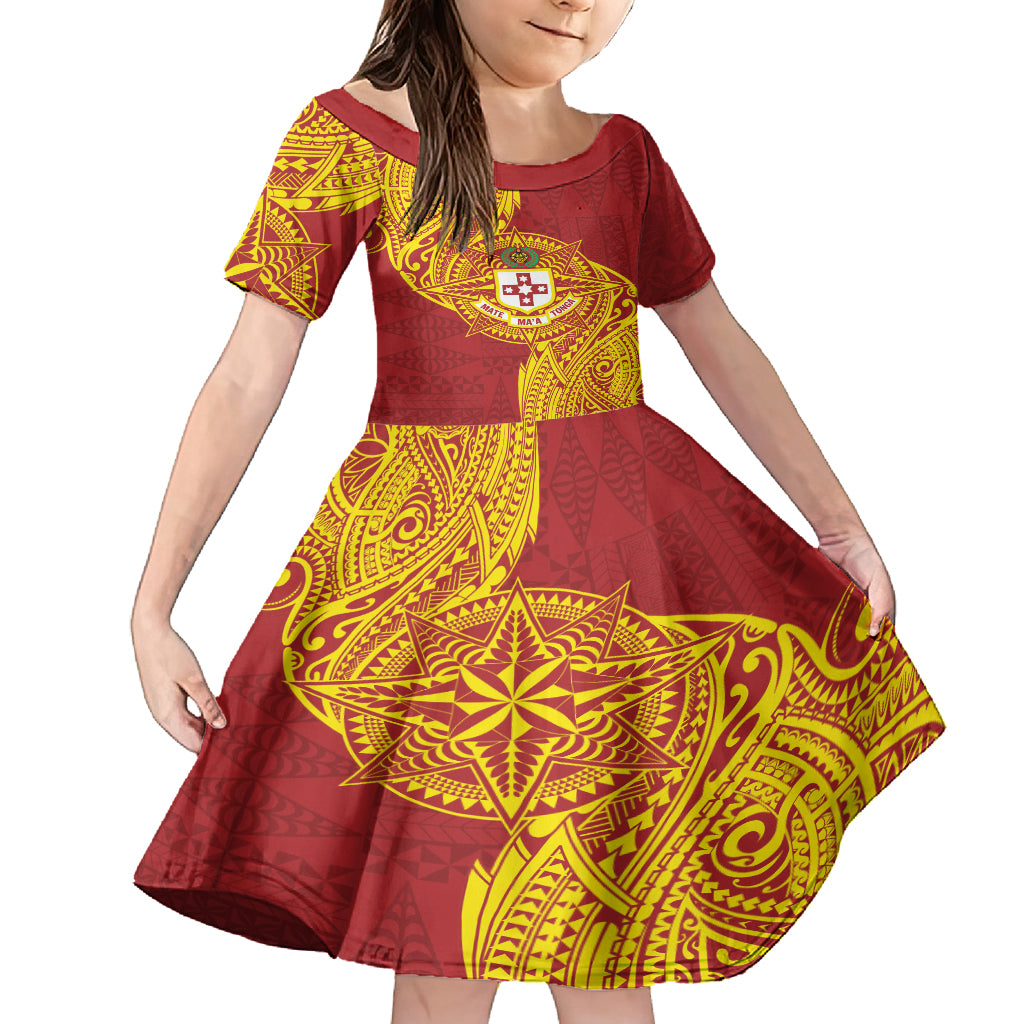 Personalised Kolisi Tonga Atele Family Matching Summer Maxi Dress and Hawaiian Shirt Since 1882 Simple Ngatu Pattern LT9 Daughter's Dress Gold - Polynesian Pride