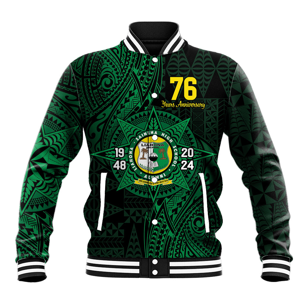 Personalised Tonga Liahona High School 76th Anniversary Baseball Jacket Special Kupesi Pattern LT9 Unisex Green - Polynesian Pride