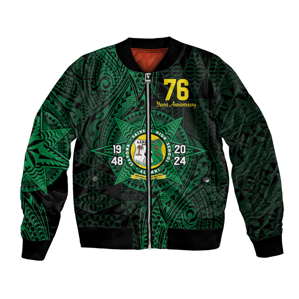 Personalised Tonga Liahona High School 76th Anniversary Bomber Jacket Special Kupesi Pattern LT9 Unisex Green - Polynesian Pride