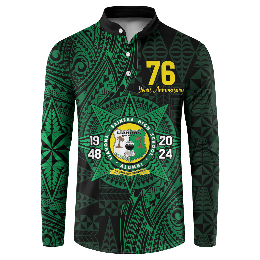 Personalised Tonga Liahona High School 76th Anniversary Button Sweatshirt Special Kupesi Pattern LT9 Green - Polynesian Pride