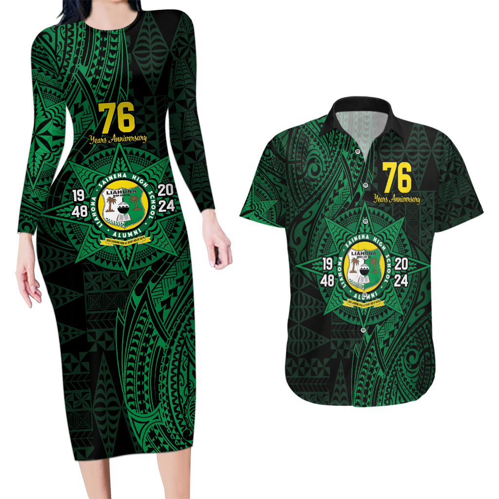 Personalised Tonga Liahona High School 76th Anniversary Couples Matching Long Sleeve Bodycon Dress and Hawaiian Shirt Special Kupesi Pattern LT9 Green - Polynesian Pride