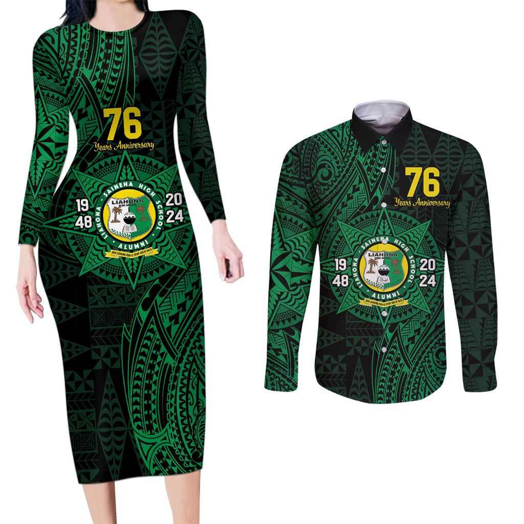 Personalised Tonga Liahona High School 76th Anniversary Couples Matching Long Sleeve Bodycon Dress and Long Sleeve Button Shirt Special Kupesi Pattern LT9 Green - Polynesian Pride