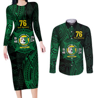 Personalised Tonga Liahona High School 76th Anniversary Couples Matching Long Sleeve Bodycon Dress and Long Sleeve Button Shirt Special Kupesi Pattern LT9 Green - Polynesian Pride