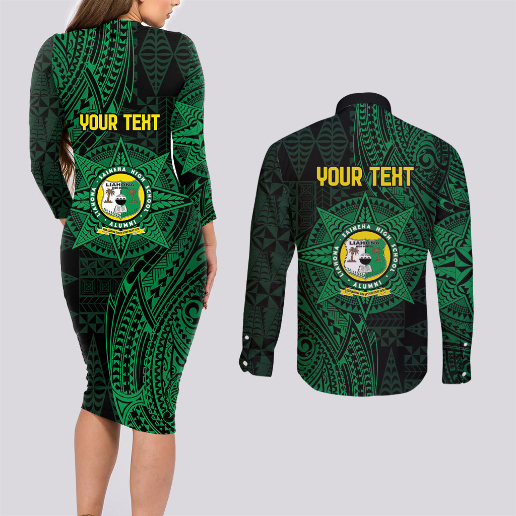 Personalised Tonga Liahona High School 76th Anniversary Couples Matching Long Sleeve Bodycon Dress and Long Sleeve Button Shirt Special Kupesi Pattern LT9 - Polynesian Pride
