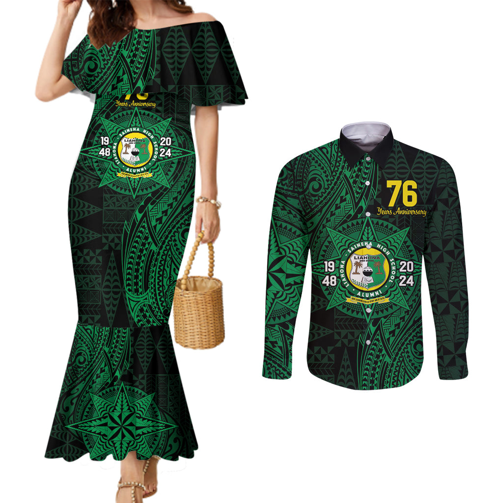 Personalised Tonga Liahona High School 76th Anniversary Couples Matching Mermaid Dress and Long Sleeve Button Shirt Special Kupesi Pattern LT9 Green - Polynesian Pride