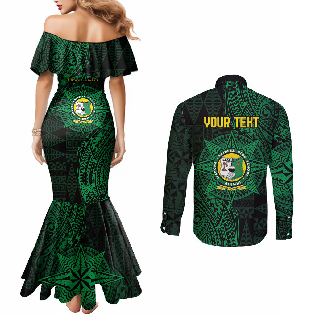 Personalised Tonga Liahona High School 76th Anniversary Couples Matching Mermaid Dress and Long Sleeve Button Shirt Special Kupesi Pattern LT9 - Polynesian Pride